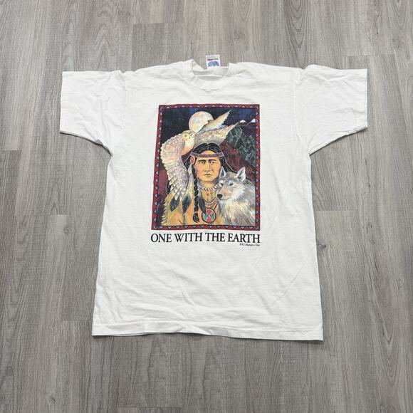 Vintage One With The Earth Shirt Mens XL White Native Wolf Owl Graphic 90s USA - Picture 1 of 8